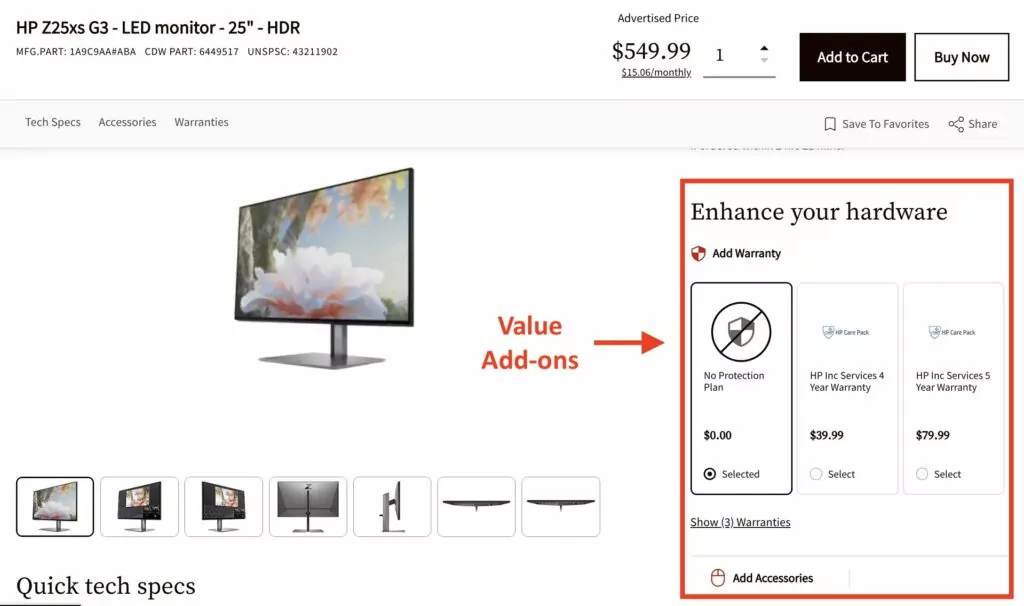 Product page of an HP monitor with add-ons from the reseller, CDW